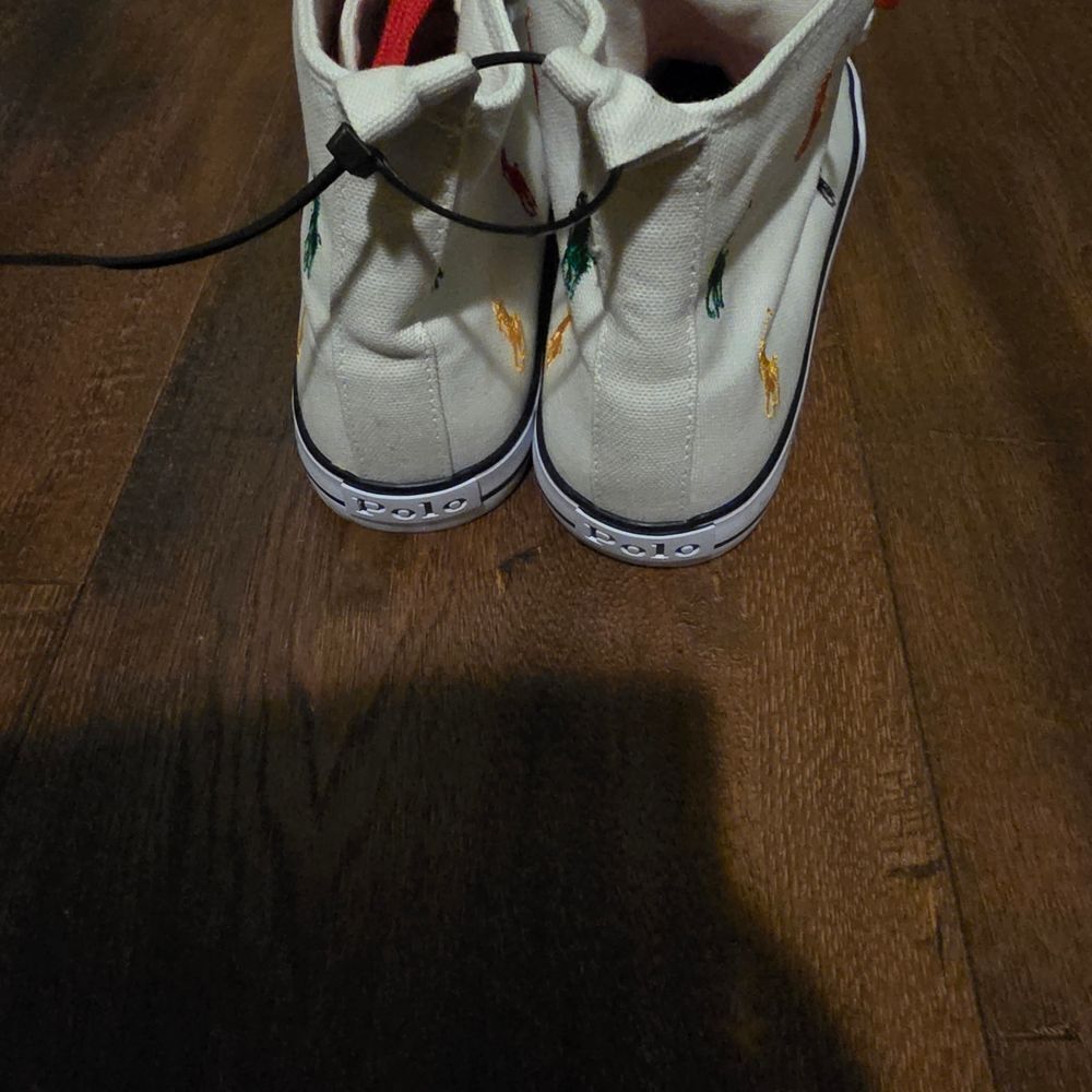 NWT-Polo Ralph Lauren White High-Top Sneakers with Multicolor Embroidery - Picture 6 of 16